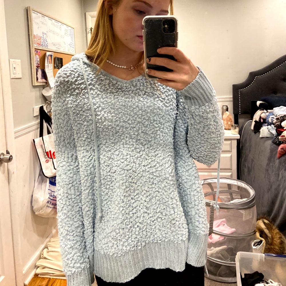 blue fuzzy sweater